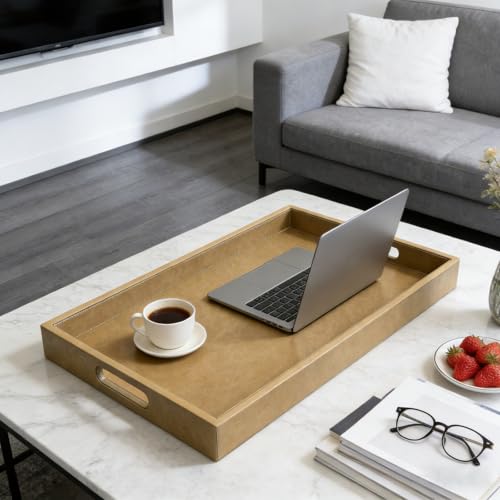 30x24 inches Rectangle Leather Ottoman Serving Tray with Hole Handles, Extra Large Modern Service Tray for Living Room, Coffee Table, Bed, Tea, Food, Countertop, Kitchen, Dinner, Picnic (Brown) - color: Brown, size: 30" x 24" x 2"