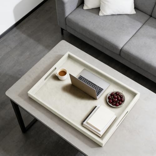 25x18 inches Leather Ottoman Serving Tray with Hole Handles, Rectangle Large Modern Service Tray for Living Room, Coffee Table, Bed, Tea, Food, Butler Countertop, Kitchen, Dinner, Picnic (White) - color: White, size: 25" x 18" x 2"