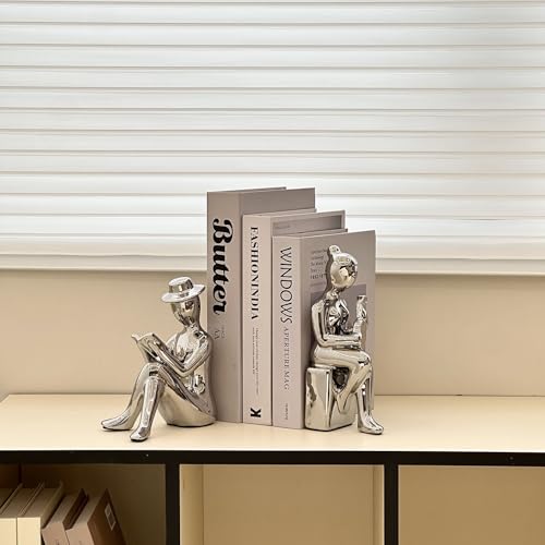 Decorative Book Ends Ceramic Bookends for Shelves, Home Office Decor Aesthetic Statues Book Stopper for Bookshelf Table Bedroom Living Room Decoration (Silver) - color: Silver