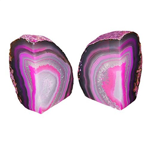 JIC Gem Pink Dyed Agate Bookends Geode Book Ends Stone Bookends for Shelves to Hold Books Heavy Duty with Rubber Bumpers for Decoration Brazilian(1 Pair, 3-4 LBS) - color: Pink Dyed, size: 3-4LBS.