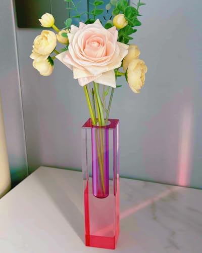 Acrylic Vase, Bud Vase for Centerpieces, Maximalist Decor Cute Flowers Vases for Modern Home, Office, Bedroom, Living Room, Dining Table (Pure Purple, Peach Powder) - color: Purple，pink