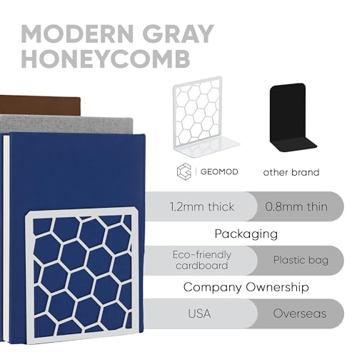 GEOMOD Geometric Honeycomb Gray Metal Bookends Decorative - Tall Sturdy Book Ends for Shelves - Modern Heavy Duty Bookend Stopper - Office or Home Book Shelf Book Holder - 6x3.25x6.25 Inches - 1 Pair - color: Gray, size: 1 Pair, style: Honeycomb