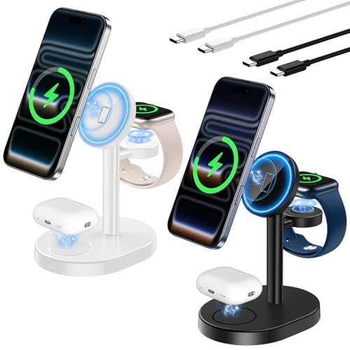 Hevanto 2026 3 in 1 Wireless Charging Station for Apple MagSafe Charger, 15W Fast Magnetic Mag-Safe Charger Stand for iPhone 17 16 15 14 13 12 Watch AirPods (Adaptor Not Included), 2 Pack Black&White - color: 2Pack_MagBlack&White