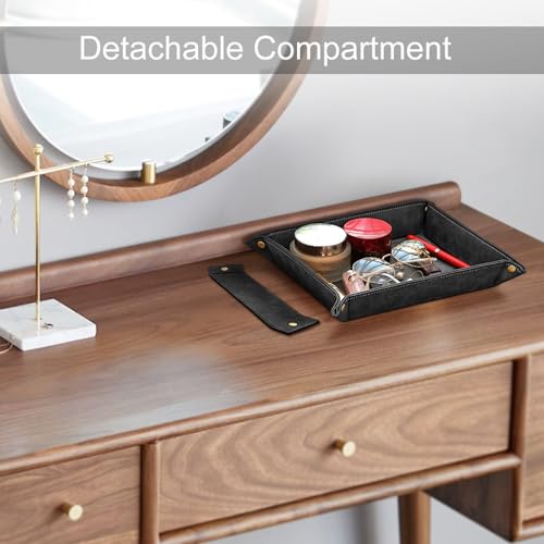 SITHON Valet Tray Desktop Storage Organizer, Removable 2 Compartments Catchall Tray Bedside Vanity Nightstand Caddy Holder Desk Storage Plate, Black - color: Black