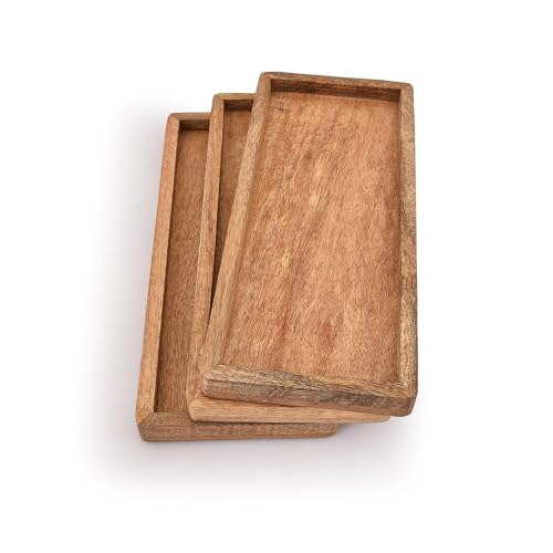 Samhita Mango Wood Serving Platter with Raised Edge -Set of 3 for Display Fruit Snacks Appetizer Sushi Food Decorative (12" x 5" x 0.75")