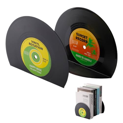 Modern Bookends for Shelves, Retro Vinyl Record Design Bookends Decorative Bookends for Vintage Lovers, Music Lovers Decorative Book Stopper for Home (1 Pair (Black) - color: Black
