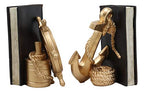 Ebros Nautical Coastal Marine Home Decor Ship Anchor and Captain's Helm Wheel Bookends Pair Set Statue 7.5" Tall in Gold Finish Decorative Office Study-Room Library Desktop Figurines