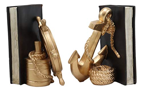 Ebros Nautical Coastal Marine Home Decor Ship Anchor and Captain's Helm Wheel Bookends Pair Set Statue 7.5" Tall in Gold Finish Decorative Office Study-Room Library Desktop Figurines