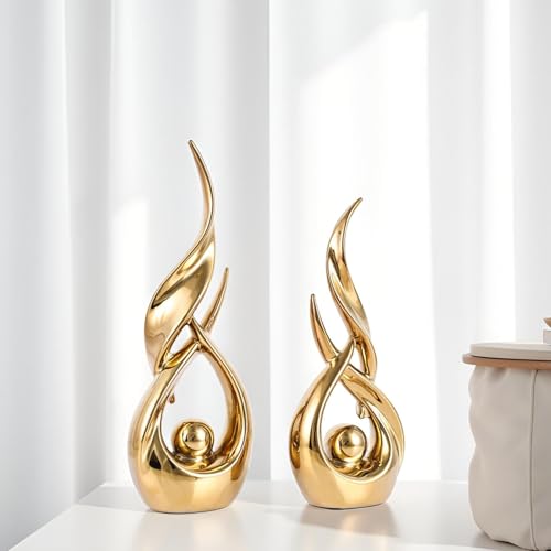 XMGZQ Gold Ceramic Abstract 2 Piece Statue Set,Mid Century Modern Abstract Art Home Decor Statue Mantelpiece on Unique Shelf Decor, TV Cabinet Divider Table top and Dining Table Centerpiece (Gold) - color: Gold