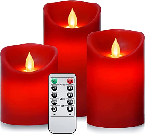 Flameless Battery Operated Flickering Candles:3PACK Red Real Wax Pillar Candle,Electric LED Candle with 10-Key Remote Control and 24 Hours Timer for Home Decoration Holiday Party - color: H14# Red Real Wax