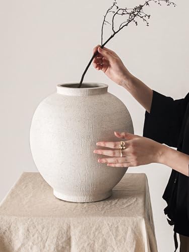White Ceramic Vase - Large 12.5 Inch Round Floor Vase for Centerpieces, Farmhouse Flower Vases, Rustic Minimalist Home Decor (Sandstone White) - color: Sandstone White, size: 12.5 inch