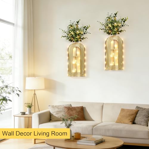 HOMECOR Hanging Wooden Vase Wall Decor - Brown Finish Boho & Modern Farmhouse Decor with Fairy Lights & Artificial Plants, Wall Art for Living Room, Bedroom, Bathroom Home Decor - style: Eucalyptus - Wall Decor