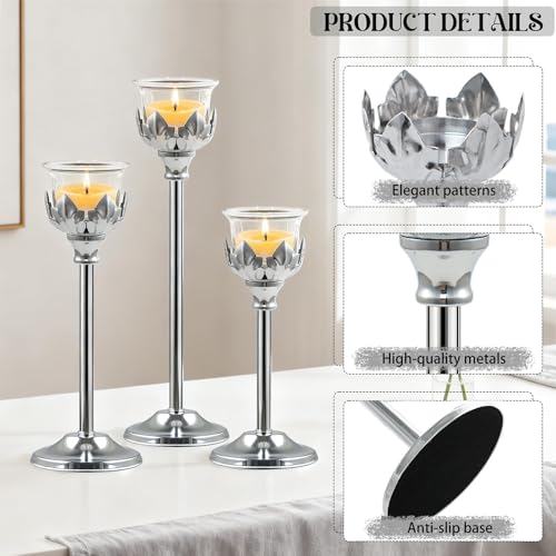 Set of 3 Metal Tea Light Candle Holder with 3 Glass Cups, 12/10/8 Inch Elegant Tealight Candelabra Centerpiece for Wedding Table Decor, Tiered Home Party Decoration (3, Silver) - color: Silver