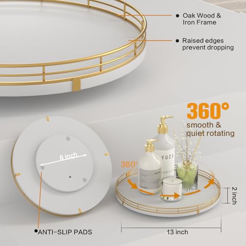 13“ Wooden Lazy Susan Turntable for Cabinet – Round Rotating Spice Rack Organizer, White Kitchen Countertop Tray for Dining Table & Pantry Storage (White & Gold) - color: White & Gold, size: 13