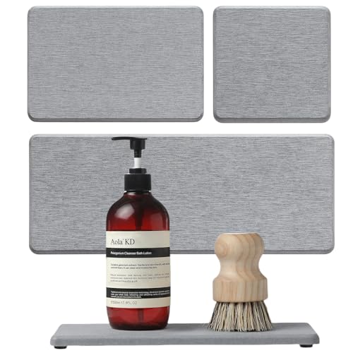 Razborci 3PCS Bathroom Sink Vanity Trays, Quick Stone Drying Mat Dish Soap Dispenser Sponge Holder for Kitchen Counter, Diatomaceous Earth Water Absorbing Caddy Organizer, Light Grey - color: 3 Pack - Light Gray, size: 9" x 3.5"