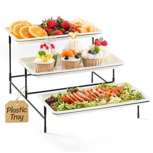 Lifewit 3 Tier Serving Tray, 30 x 17 cm/12 x 6.5" White Plastic Tiered Food Serving Platters, Tiered Tray Stand for Party with Black Collapsible Metal Stand, Dessert Display Stand for Cookies/Crackers - size: 12" x 6.5", style: Basic