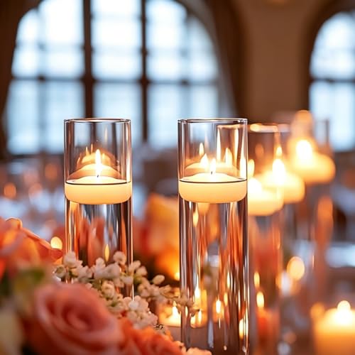 Set of 16 Pcs Glass Cylinder Vases for Centerpieces with 24 Pcs White Floating Candles for Centerpieces Glass Candle Holder for Table Shelf Wedding Party Home Decor (4"+6"+8"+10") - size: 16 SET