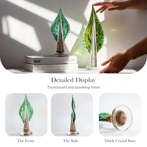 QFkris Blown Glass Tree of Life Leaf Sculpture for Home Decor, 12inch Hand Blown Glass Art Decorative Statue for Book Shelf Living Room Office Desk Home Decoration Accents Collectible Figurines - size: Large Plus