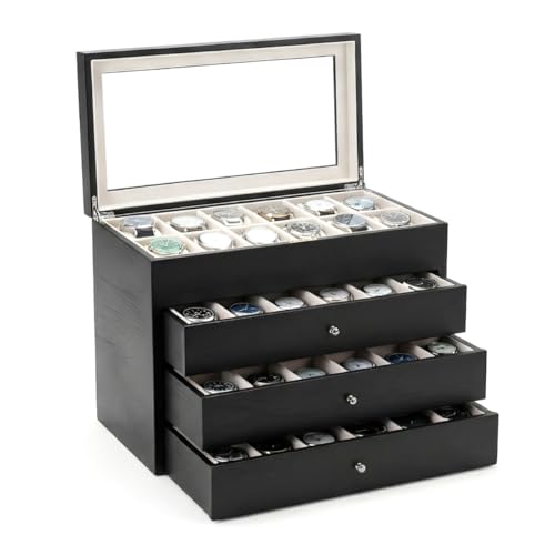 Bey-Berk Custom Personalized Watch Box Organizer - 48 Slot Luxury Solid Wood Designer Display, Large Watch Slots - color: Black