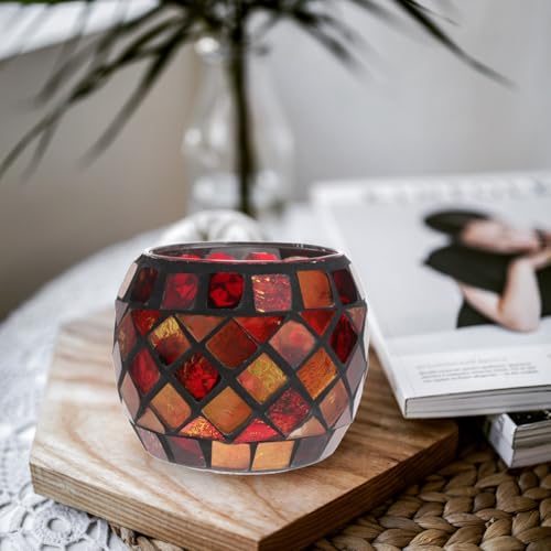 Uonlytech Glass Votive Candle Holder for Home, Red Mosaic Tea Light Holders Vintage Glass Cup Candlestick Tabletop Ornament for Easter Wedding Party
