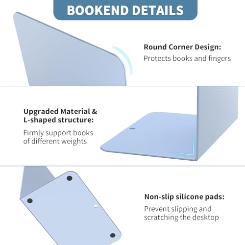 Book Ends, 2 Pieces Metal Bookend for Shelves, Bookends for Heavy Books, Book Holders for Shelves, Desk Organizers, Book Dividers for Office, School, Bookstore, Home - color: D-blue-smooth Surface, size: 2 Pieces