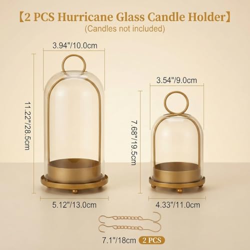 Hurricane Glass Candle Holders Set (5.1"×11.2" & 4.3"×7.7"), Metal Candle Holder with Hook Chains, Handmade Cloche Glass Dome & Antique Brass Candle Holder, for Pillar Candles, Floral Arrangements