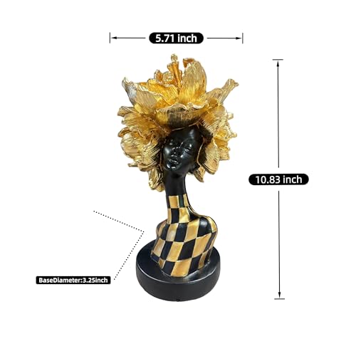Lescafita Golden African Woman Statue – Luxurious Resin Figurine with Gold Floral Headpiece and Black-Gold Geometric Dress, Modern African Art Sculpture for Home and Office Décor - color: 105-gold