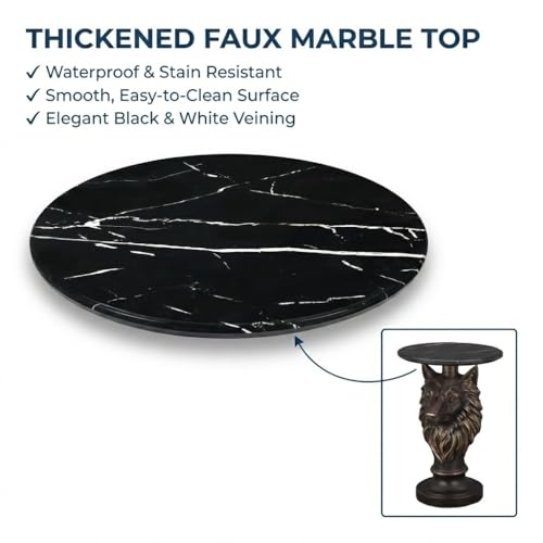 Wolf Head Sculptural Side Table with Faux Marble Top, 17.71" Round Resin Animal End Table, 25.2" H Unique Wolf Statue Decor for Living Room & Office, Gothic Housewarming Gift - color: Wolf Color