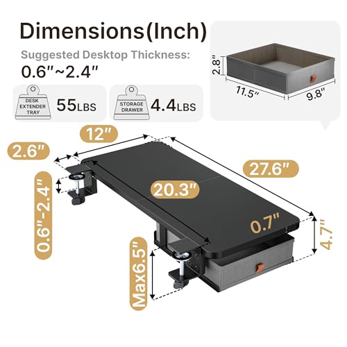 PEGZONE Desk Extender Tray, 28" x 12" Clamp On Desk Shelf, Desk Extension with Storage Drawer, Table Desk Arm Rest, Clamp On Keyboard Tray for Office and Home, Workstation Organizer, Large, Black - size: 28 x 12 inch, style: Black with Drawer