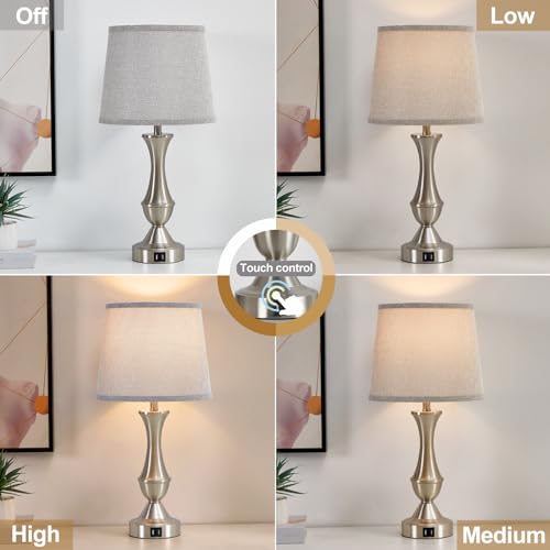 Touch Table Lamps Set of 2, 22" Tall Bedside Lamps, Nightstand Lamps with USB C+A Charging Ports, Dimmable Lamp for Bedrooms, Living Room, Office, Silver Lamp with Grey Lampshade, Bulbs Included - color: Silver,Grey, size: 22in