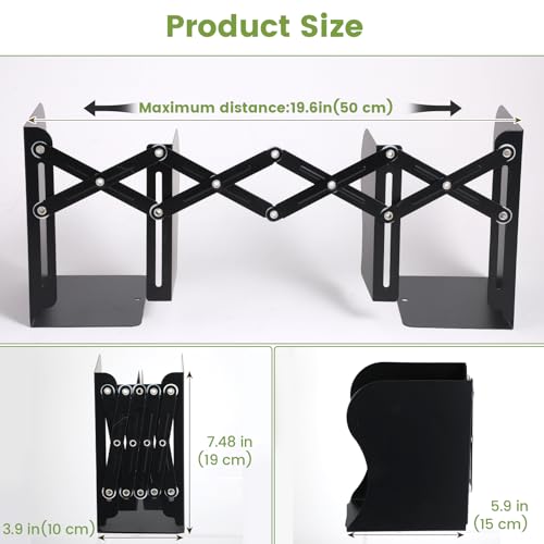 2PCS Heavy Duty Metal Bookends, Adjustable Book Organizer for Shelves & Desk with Non-Slip Pads, 3 Compartments, Extends up to 19 inches, Office & Home Use (Black)