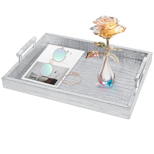 SXNOWS Faux Leather Rectangle Serving Tray with Handles, Large Decorative Tray for Ottoman Coffee Table Decor Living Room, Kitchen, Bathroom, 16x12inches (Silver) - color: Silver