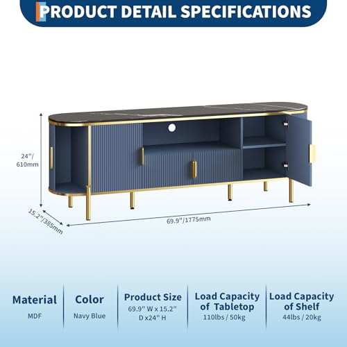 Luxury 70 in Fluted TV Stand with Faux Marble Top, Entertainment Center for TVs Up to 80 in, Wood Media Console with Curved Profile Sliding Doors and Adjustable Shelves for Living Room- Navy Blue - color: Navy Blue