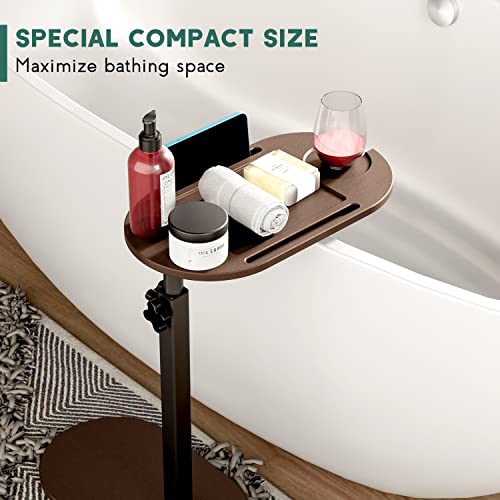 Yumkfoi Bamboo Bathtub Tray Table with Adjustable Height, Freestanding Bath Caddy Side Table for Tub Against Wall, Tub Shelf with Wine Glass Phone Holder, Functional Tray - Patent Protected (Brown) - color: Brown