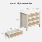 SICOTAS White Night Stand with Drawers - Large Rattan Bedside Table with Golden Handle, 3 Drawers Nightstand Tall End Table Side Table Boho Nightstand for Bedroom - color: White Cream Oak
