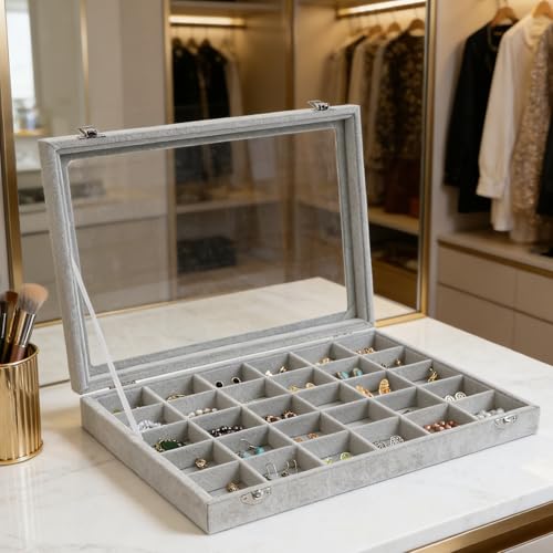 Wudygirl 30 Grid Jewelry Organizer Velvet Jewelry Box Jewelry Tray with Clear Lid Storage Case Showcase Display Stackable Removable (30 Grid) - style: 30 Grid Tray