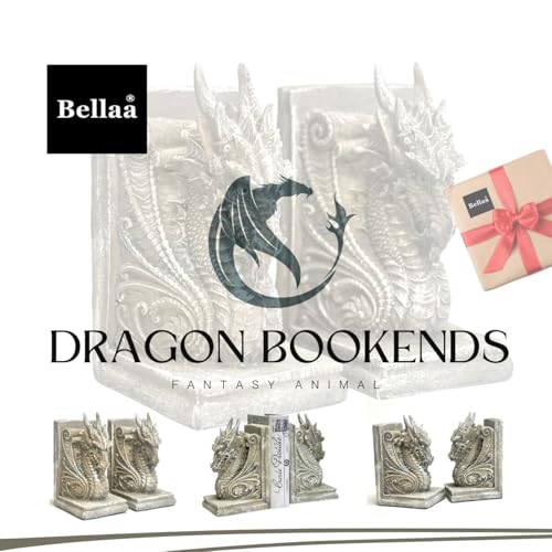 Bellaa 26201 Decorative Bookend Dragon Statues Book Stopper for Bookshelf 8 Inch Non Skid Heavy Duty Vintage Gifts - color: Stone