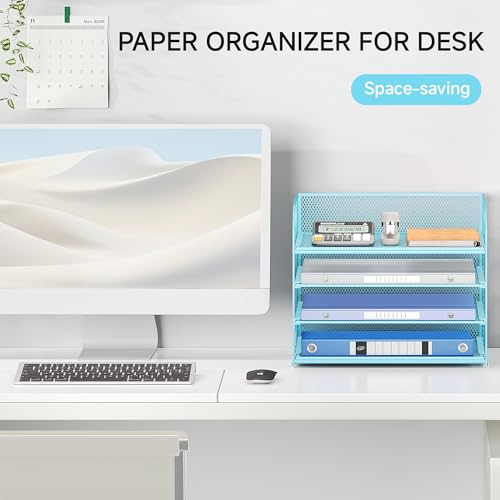 Lavatino 4-Tier Paper Organizer Trays - Blue Mesh File Folder Sorter with Handles, Desk Letter Holder Organizer for Office, Home, School Supplies Storage & Organization - color: 4 Tier - Blue