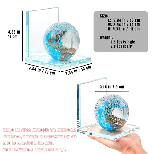 Book Ends for Shelves, Glass Bookends with Light Blue Glass Hand Blown Sea Wave Ball, Non Skid Sturdy Decorative Bookends for Ocean Lovers, Heavy Books, Office, Set of 2 - color: Light Blue