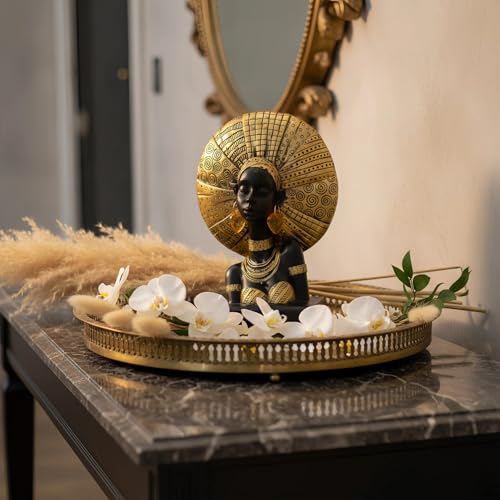 Lescafita African Woman Statue with Gold Sunburst Headdress – Resin Figurine with Tribal Jewelry, Afrocentric Home Decor Accent, Cultural Sculpture Gift for Women - color: 316-gold