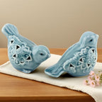 Set of 2 Blue Ceramic Bird Figurines, Glazed Bird Statues with Flower Detail, Farmhouse Modern Home Decor for Shelves, Bookcase, TV Stand, Entryway, Desk