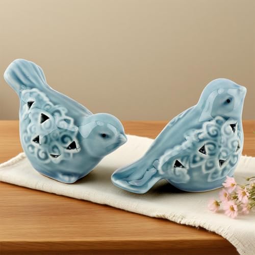 Set of 2 Blue Ceramic Bird Figurines, Glazed Bird Statues with Flower Detail, Farmhouse Modern Home Decor for Shelves, Bookcase, TV Stand, Entryway, Desk