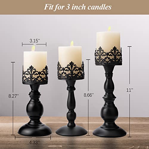 Vintage Pillar Candle Holders for Table Centerpiece Set of 3-11'' 9'' 8'' - Matte Black Metal Candle Stands Decorative - Candle Centerpiece for Table Fireplace Decor - Gothic Candle Holder - color: Matte Black