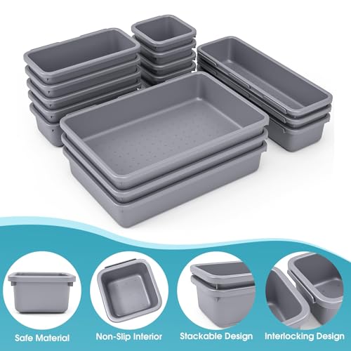 16 PCS Drawer Organizer Set, 4 Size Makeup Drawer Divider Organizer With Non-Slip Pads, Interlocking Plastic Storage Bins for Office,Jewelry Vanity,Gadgets, Bathroom,Kitchen, Grey - color: Grey, size: 16Pack
