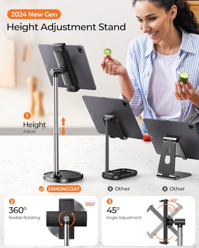 DIMONCOAT Height Adjustable Tablet Stand for Desk, Tablet Holder 360° Rotation: Desktop Tablet Accessories for 4.7-10" Like iPad Pro, Air Mini, Kindle, E-Reader, iPhone 17 Pro Max - color: BLACK - 6X STABLE WEIGHTED BASE, size: For 4-10 Inch