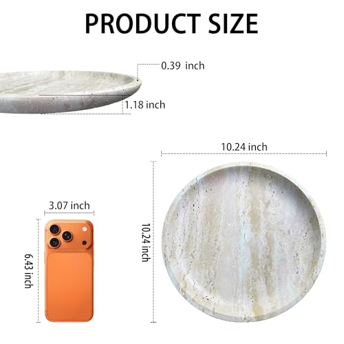 Vanity Tray for Bathroom, Dresser, Counter, Home Decor 10.24” D x 1.18”H Travertine Round Decorative Tray for Candles, Perfumes, Jewelry, Plants Natural Stone Organiser Dish Beige (NS053) - color: Beige Travertine