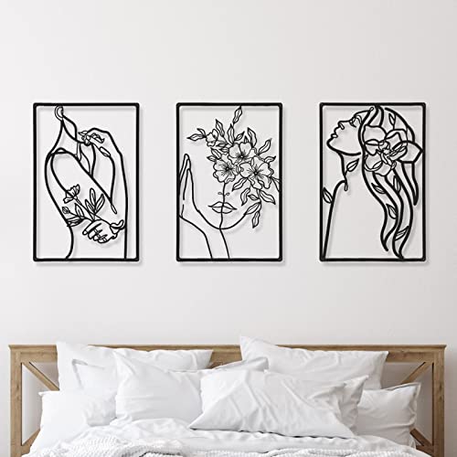CHENGU 3 Pieces Minimalist Metal Wall Art Decor, Abstract Woman Line Art Wall Decor, Modern Metal Sculpture for Living Room Bedroom Bathroom Apartment Aesthetic Home Decoration - style: Flower