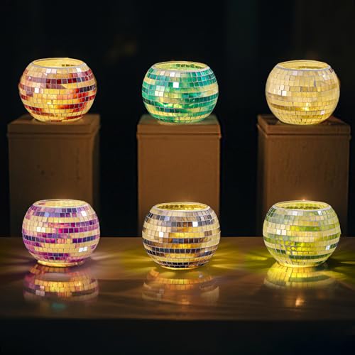 SOUJOY 6 Pack Votive Candle Holder, Handmade Mosaic Glass Tealight Holders, Diwali Decorative Scented Candle Bowl for Valentine, Party, Christmas Table Centerpiece Decor