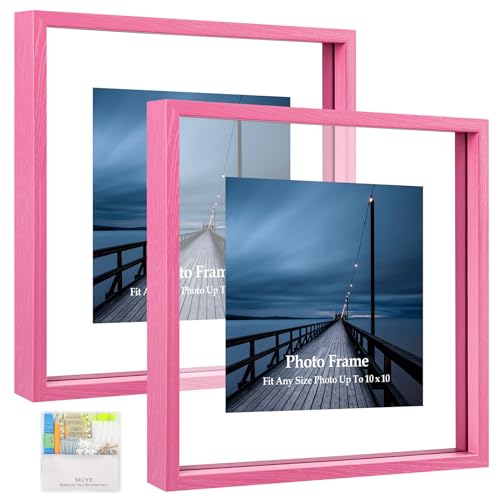MUYE 10x10 Floating Frame Set of 2,Double Real Glass Square Photo Frame,Display Any Size Photo up to 10x10,Wall Mount or Tabletop Standing,Pink - color: Pink, size: 10x10