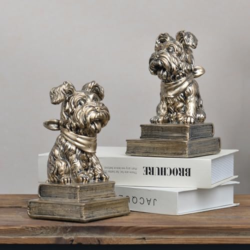 Vintage Antique Gold Dog Bookends,Decorative Book Ends for Shelves,Creative Resin Schnauzer Statues Book Holders for Desk Home Office Bookshelf Decoration,Gifts for Dog Enthusiasts - color: Gold